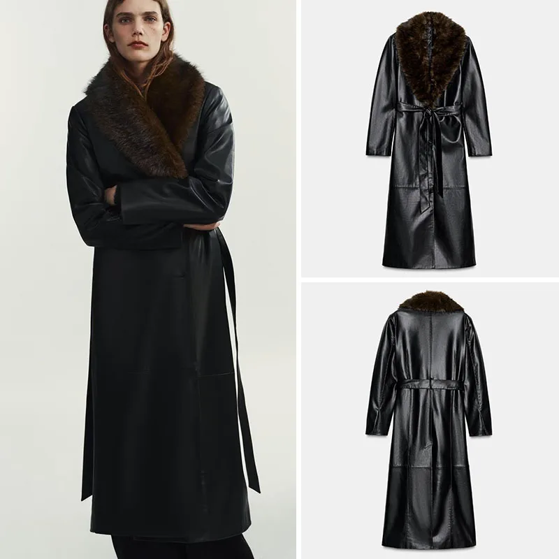 

Autumn New Arrival Women's Artificial Fur Effect Coat Jacket Long Sleeve Stand Collar Belted Standard Fit Ladies Outerwear