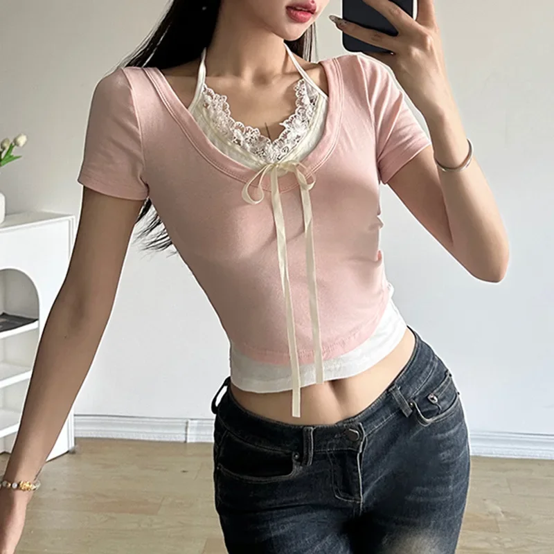 

Coquette Contrast Color Patchwork Cropped Top Aesthetic Shorts Sleeve Tops Sweet Pink Korean Style Slim-fit Knitted Tops