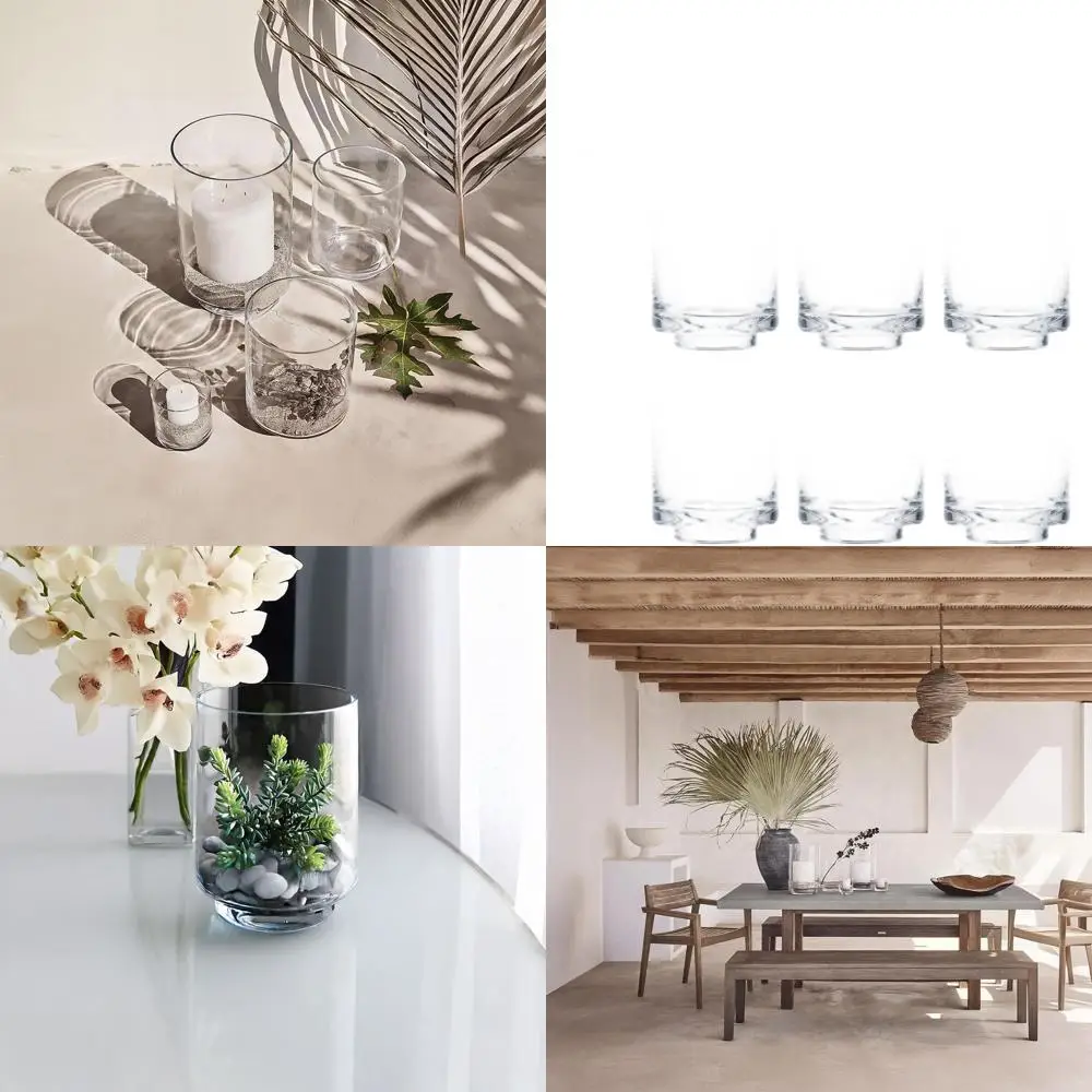 

Set of 6 Clear Glass Pedestal Candle Holders, 5.5 Wide, 6.6 Tall, for Decorative Vases or Pillar Candles, Elegant Cylinder Desig