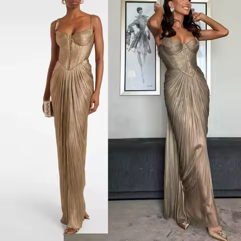 2026 New Women Pleated Gold Foil Tie Dress Casual Party Slit Evening Gown Slim Fit Long Elegant Temperament Formal Dress