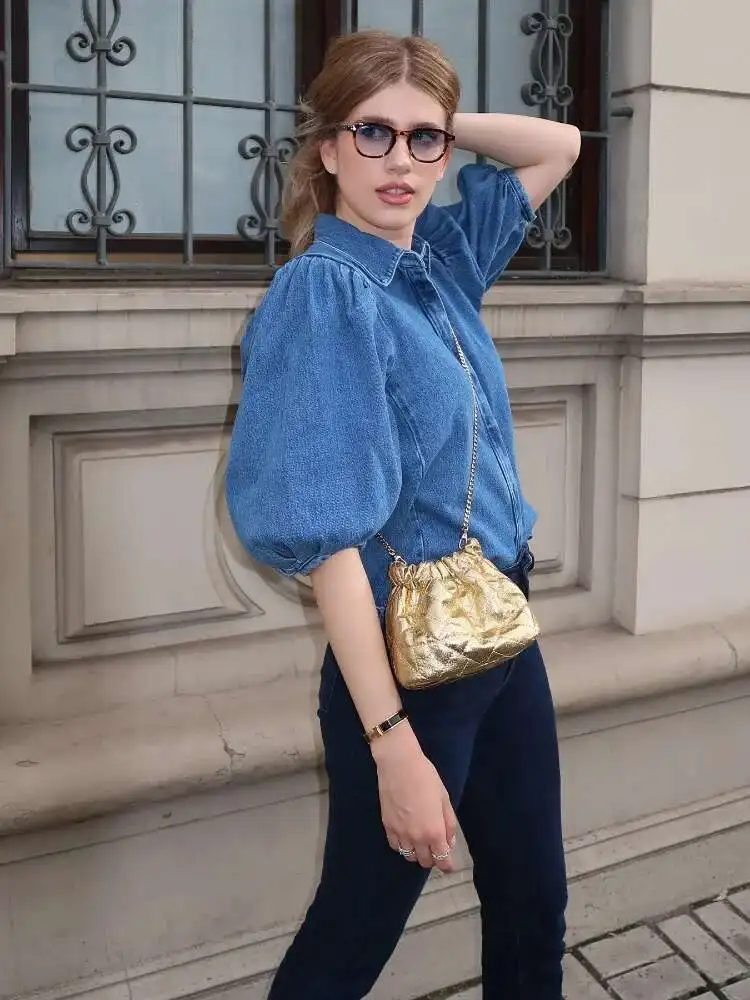 

Fashion Denim Women Short Shirt Lapel Half Puff Sleeve Pleated Turn-down Collar Solid Female Top Spring Summer Lady Shirts M8WQ
