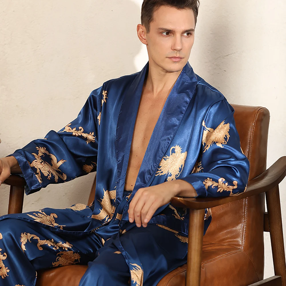 luxuriöser Drachendruck Herren-Kimono aus schwarzem Satin, lange Robe-Sets, Sommer, ultradünn, cooler Mann, Seidenroben + Pyjamahose, Kimono hombre