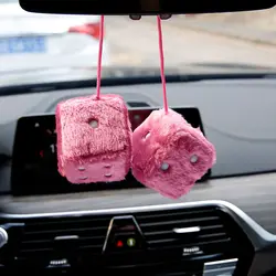 Paire de dés en peluche flous avec points pour décoration de voiture, couple miroir carré rétro, rose