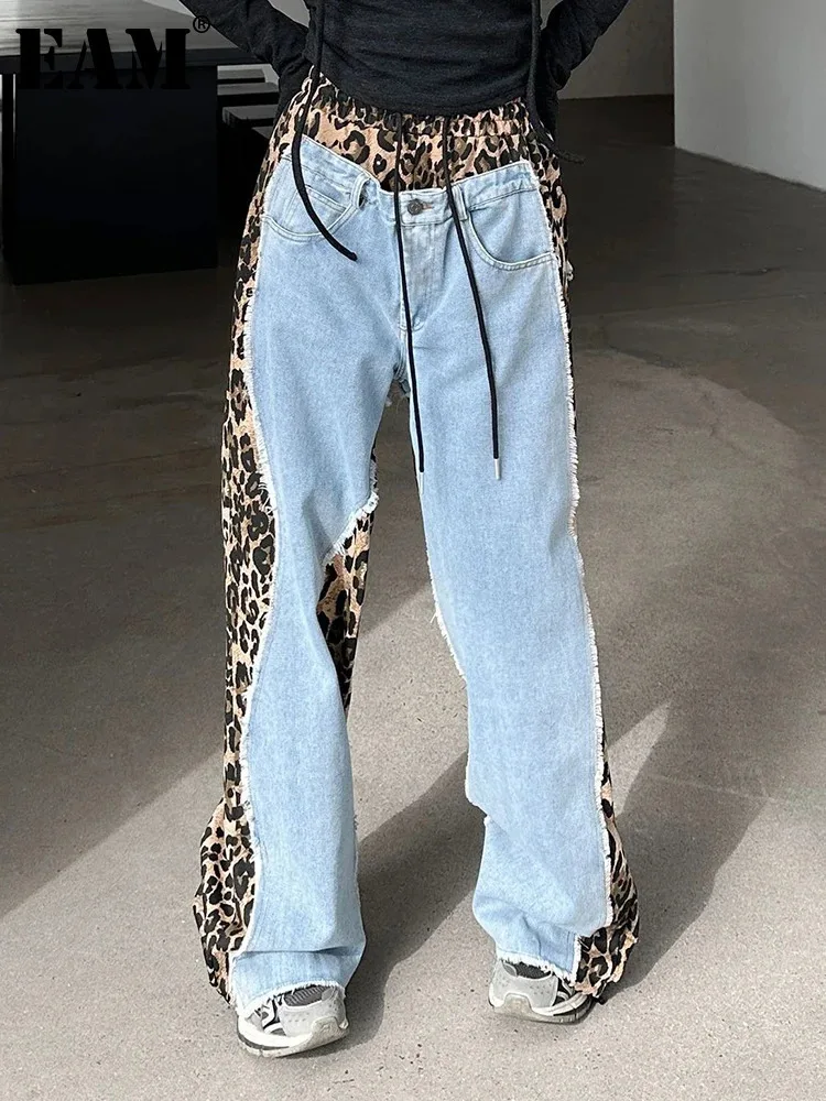 [EAM] High Waist Leopard Print Denim Color-block Long Wide Leg Jeans New Women Trousers Fashion Tide Spring Autumn 2024 1DH8739