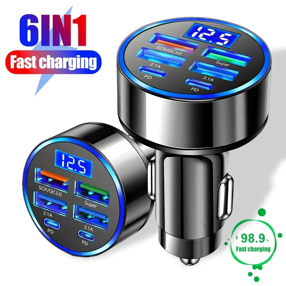 Total 250W USB Car Charger PD QC3.0 USB C Car Phone Charger Type C Adapter for iPhone Xiaomi Samsung Huawei OPPO Quick Charge