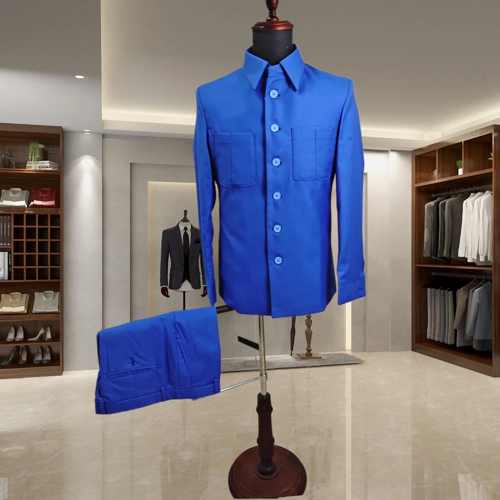Blue Men Suits Chic Single Breasted Stand Lapel Slim Fit 2 Piece Jacket Pants Outfits Casual Daily Male Clothing Costume Homme
