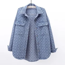 Spring Autumn Mid-Long Denim Shirt Women 2024 New Fashion Loose Leisure Printing Blouse Pure Colour Button Outerwear Female