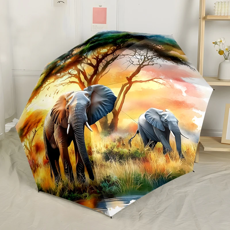 Elephant Theme Design Folding Umbrella - Fashionable Auto-Open Design 8 Iron Ribs Plastic Handle Foldable Sunshade，Perfect Gifts