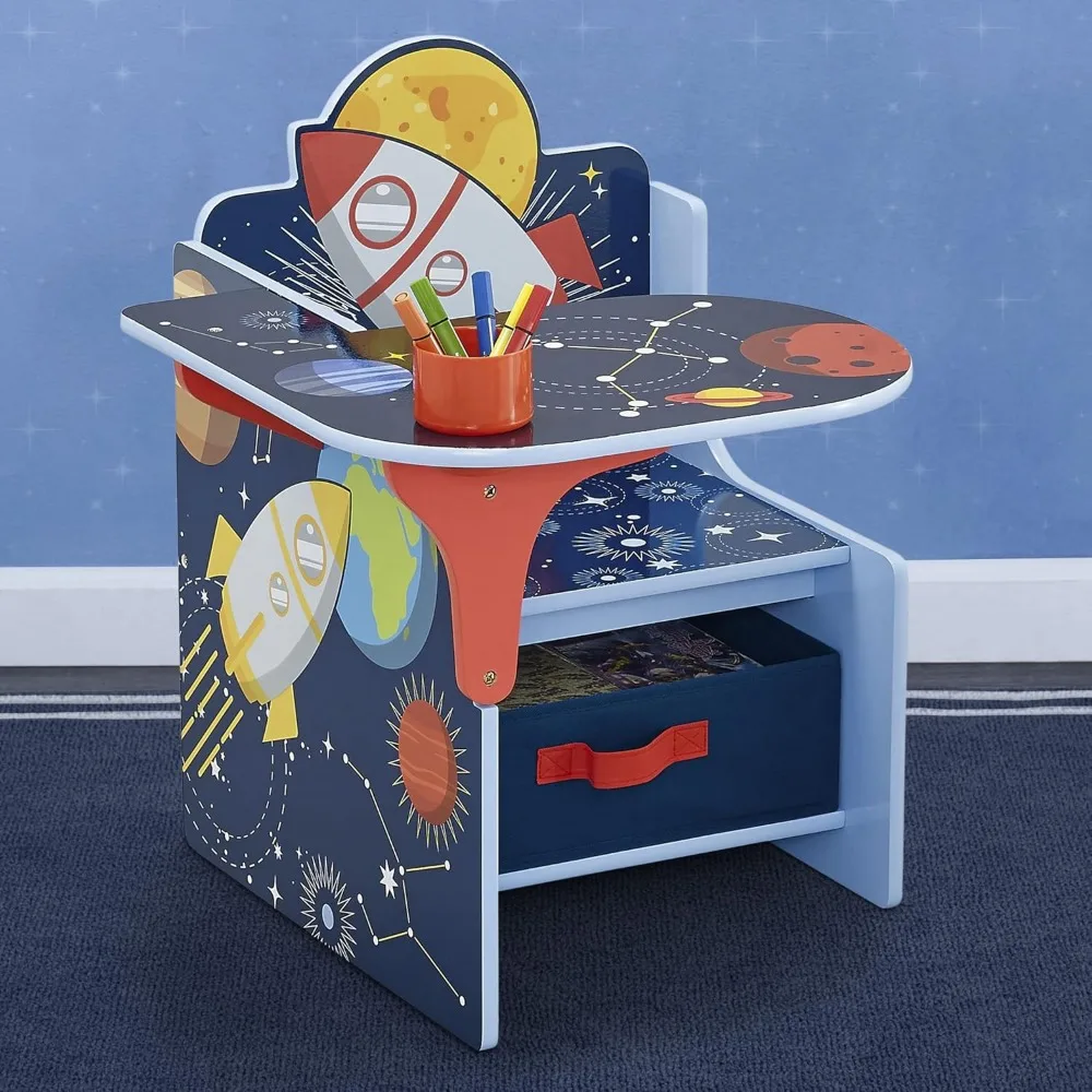 Juego de mesa y silla de exploración espacial para niños, espacio pequeño 2 en 1 con caja de almacenamiento para mesas y sillas pequeñas