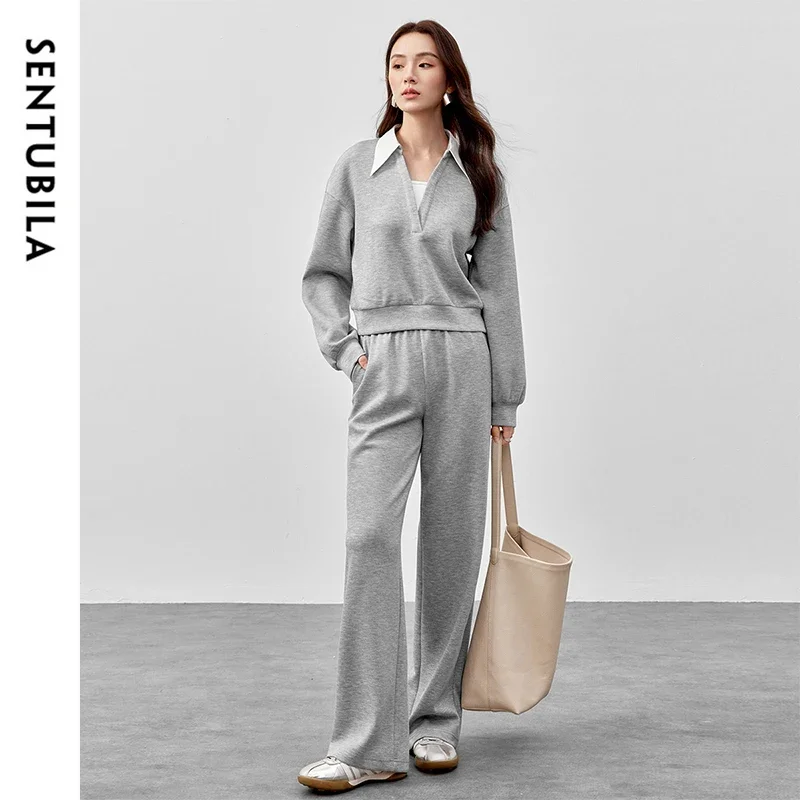 SENTUBILA 2 Piece Woman Pant Set 2026 Spring Casual Gray Spliced Sweatshirt Straight Pants Woman Autumn Matching Sets151Z58740