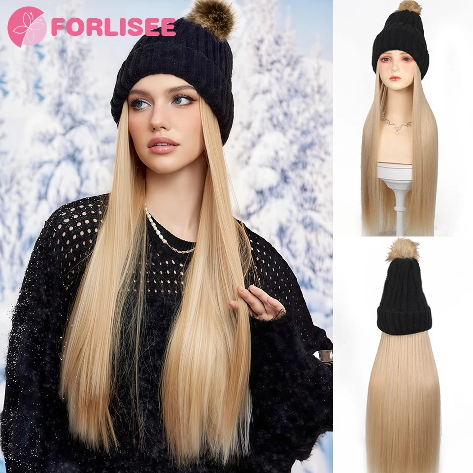 Beanies Hat With Hair Wigs For Women 36 inch Long Straight Hair Synthetic Wig Warm Soft Ski Knitted Autumn Winter Cap