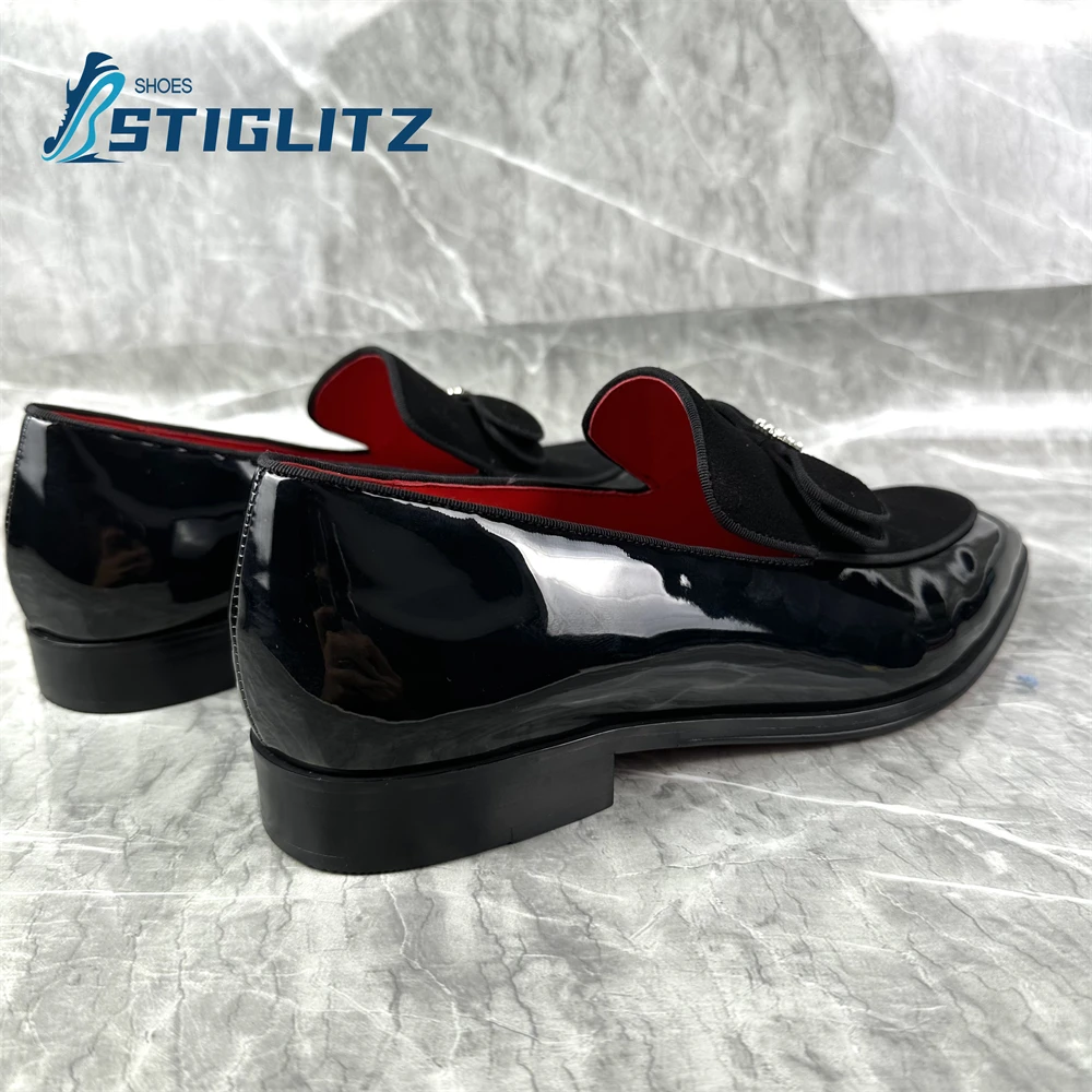 British Style Patent Leather Men\'s Shoes Bowknot Black Shallow Loafers High Quality Flat Square Toe Wedding Office Formal Shoes