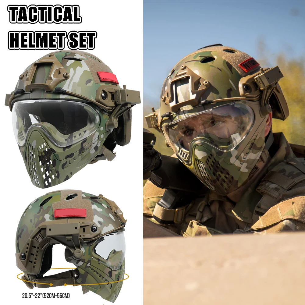 

Tactical PJ Helmet Airsoft Paintball Helmet Integrated Protective Helmet with Removable Full Face Mask and Goggles for CS Game