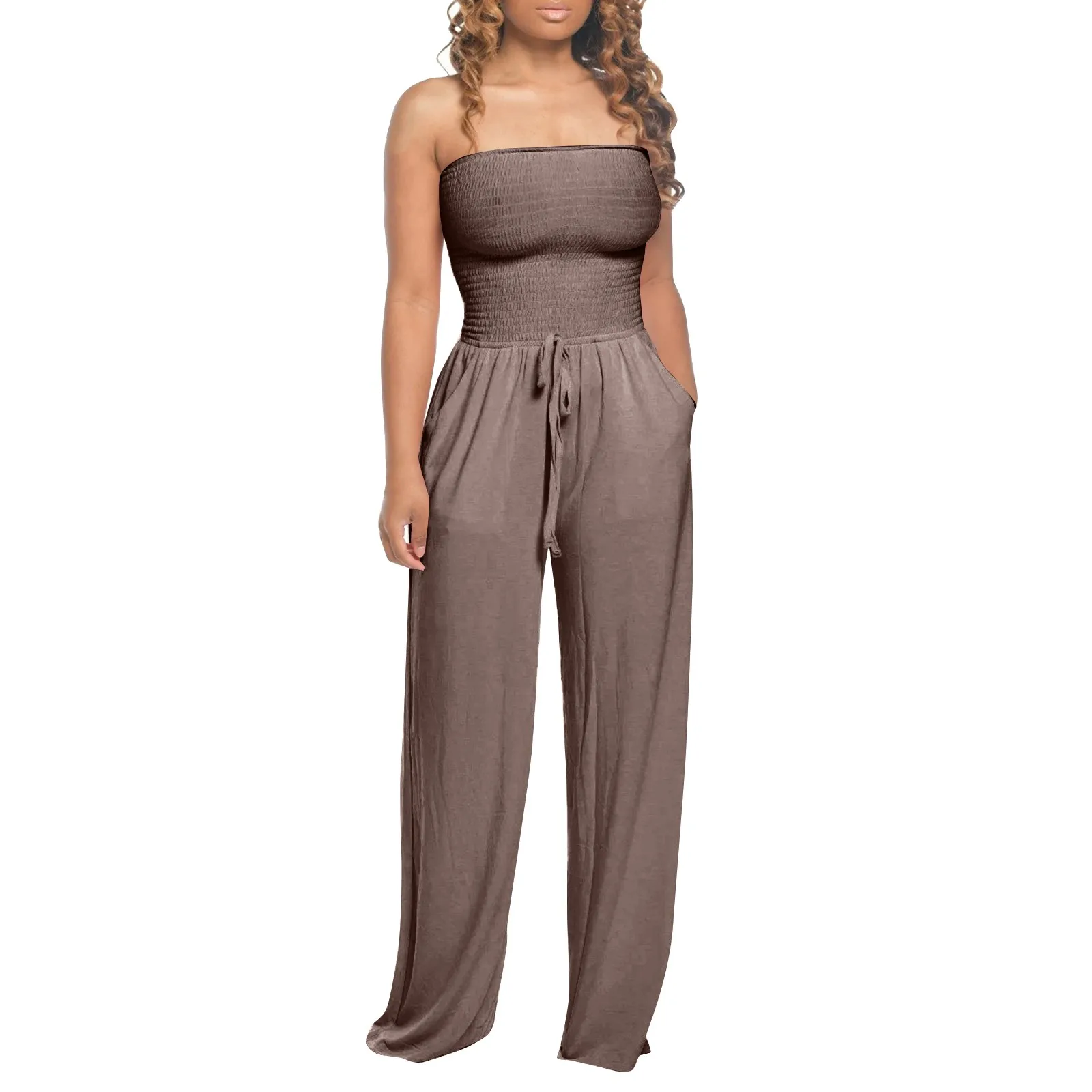 Flat Shoulder Wrap Chest Jumpsuit Fashion Casual  Loose Wide Leg Jumpsuit Summer Daily Commute Solid Elegant Elasticity Rompers