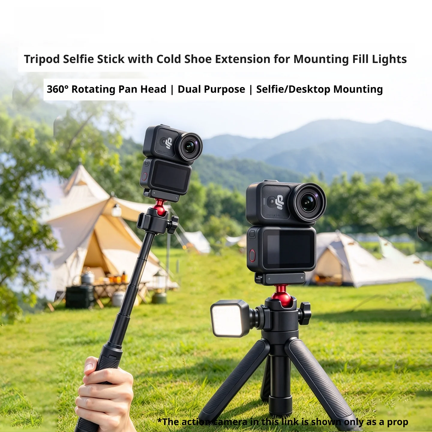 360° Rotating Spherical Gimbal Mini Selfie Stick Suitable For Gopro hero DJI Action Insta360 Sports Cameras Handheld Fill light