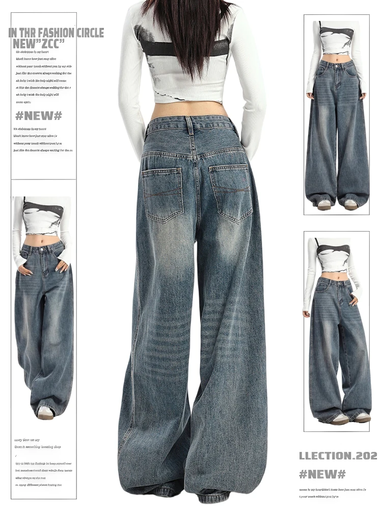 Women Japanese Fashion Vintage Low Rise Denim Pants Y2k Streetwear 2000s Baggy Jean Grunge Dark Academia Classical Grunge Punk