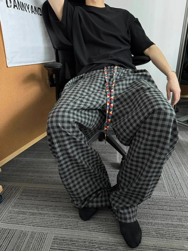 

Japanese Vintage Plaid Pants Women High Waist Drawstring Loose Casual Pants Bf Harajuku Streetwear All Match Straight Trousers