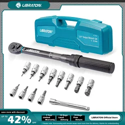 Libraton Bike Torque Wrench 1/4'', 5-25Nm, 0.1Nm Micro, Drive Click Torque Wrench Set, Hex, Torx/Star Bit Sockets, Extension Bar