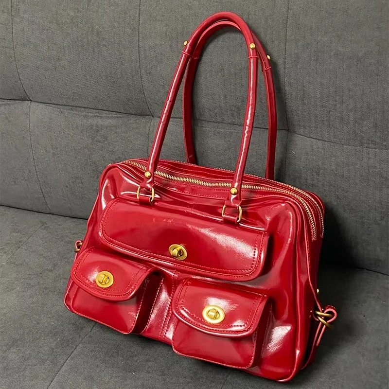 

Brand Vintage Oil-waxed Leather Handbag, Lock Design Y2k Large Motorcycle Bag Multi-pocket Shoulder Bag Luxury Bowling Bag