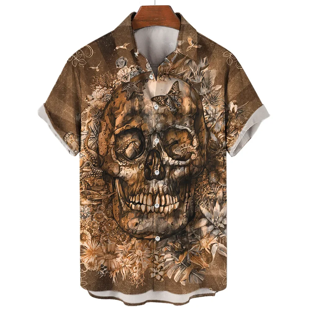 

Skull Shirt For Men Streetwear Harajuku Men's Clothes Tops Gothic Short Sleeve T-shirt Vintage Fashion Button Men's Shirt Camisa