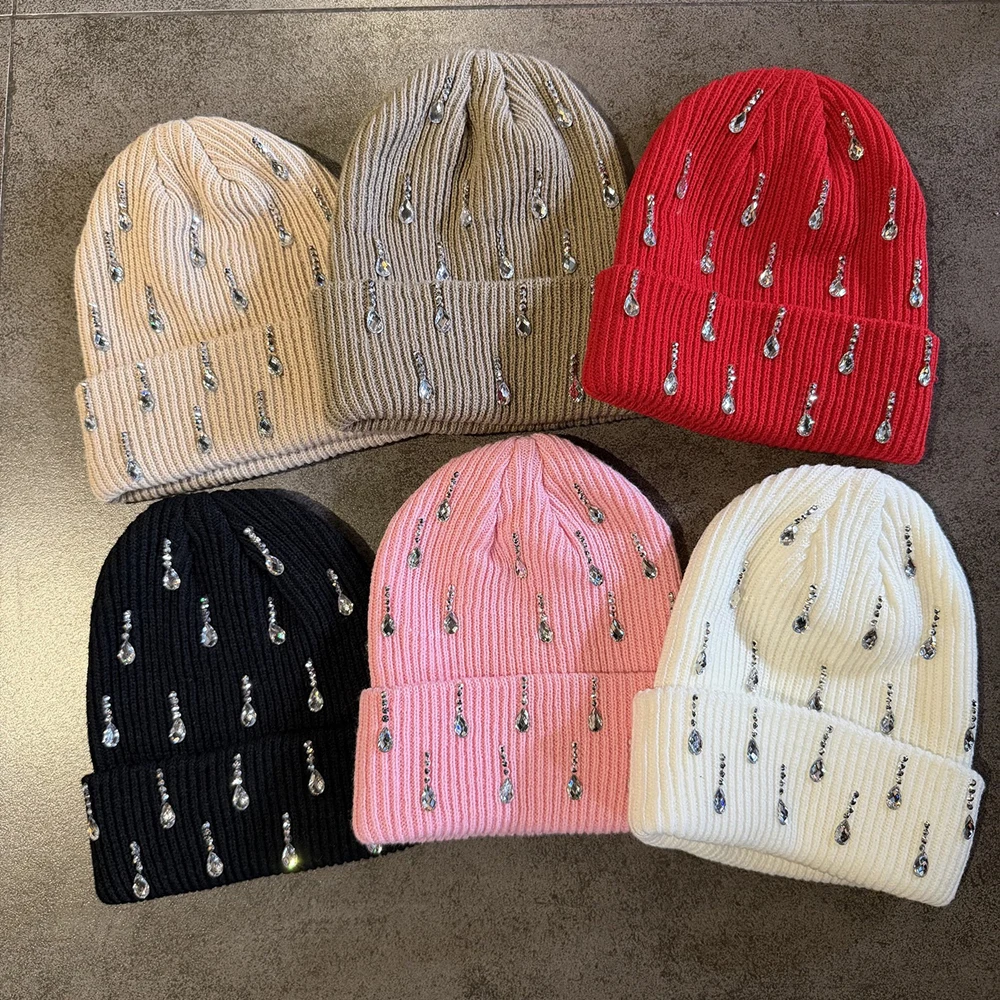 High Quality Diamond Encrusted Graphic Print Casual Hat Winter Knitting Skullcap Keep Warm Beanie Men Women