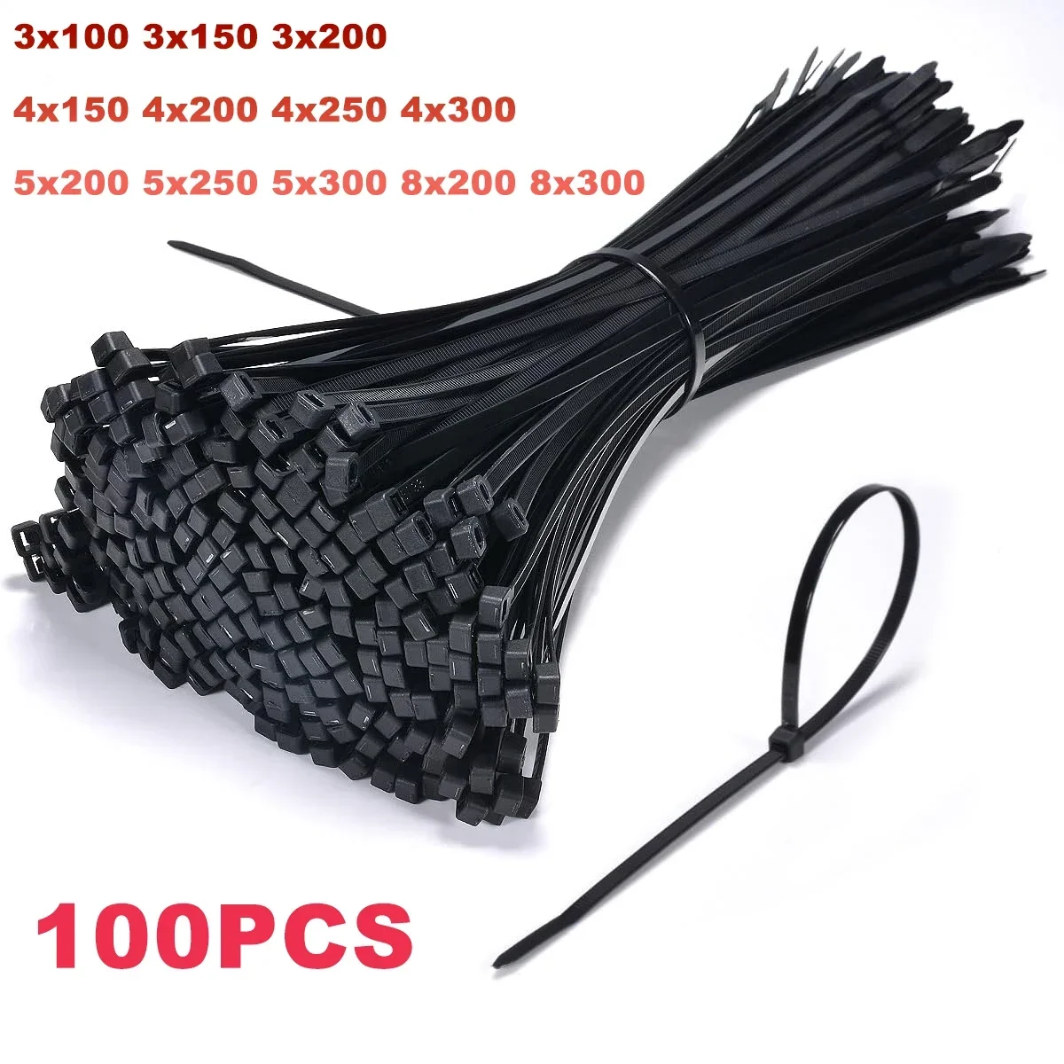 Nylon Cable Ties Set Self-locking Plastic Tie 100PCS Black Fasten Tension Belt Ring 3X200 5x300 4x250mm Wrap Strap Zip