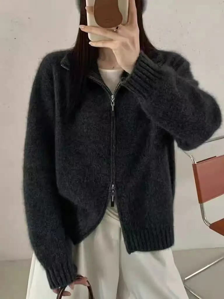 100% reine Wolle, Stehkragen, doppelter Reißverschluss, gestrickter Cardigan, Damen-Wollpullover, locker geschnittene Jacke, neuer Stil 2026