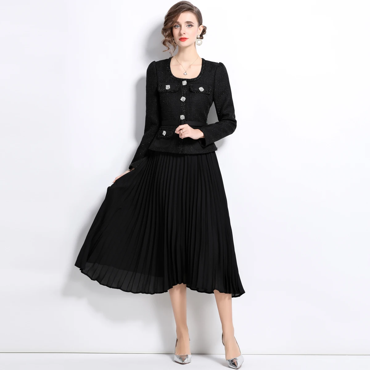 Quality Autumn Crystal Long Sleeve Chiffon Tweed Midi Dress For Women Beading Diamonds Pleated Party Vestidos Belt Evening Robe