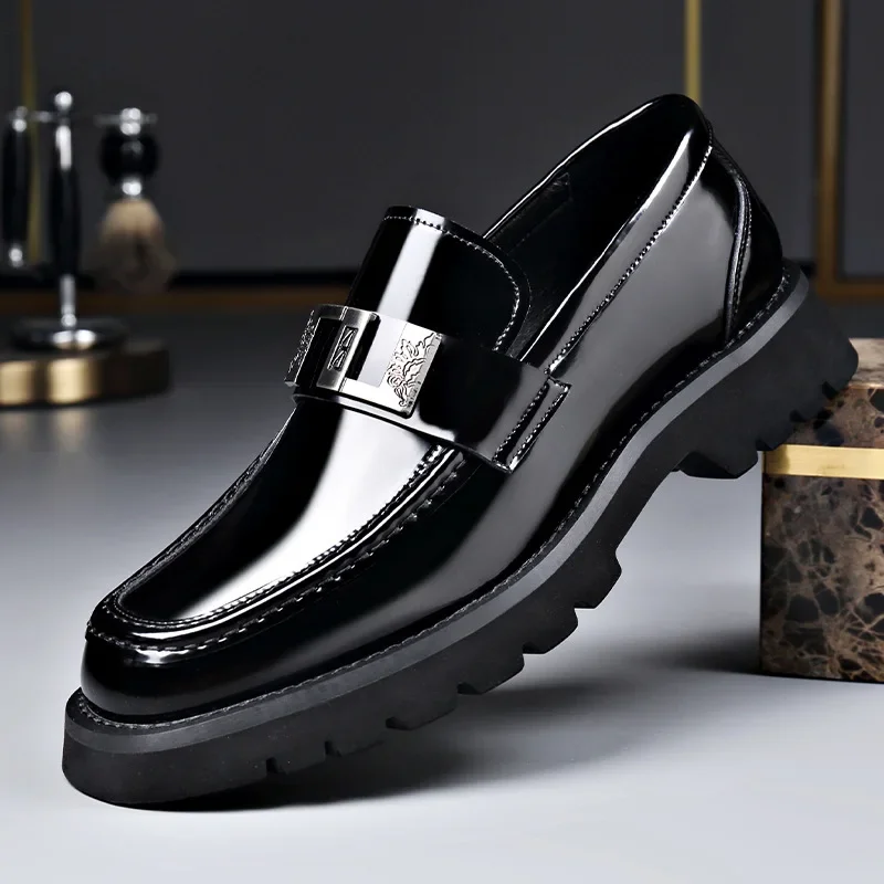 Designer New Thick Soled Bright Metal Men\'s Loafers Fashion Square Head Leather Lightweight Slip-on Retro Plus-size Man Shoes