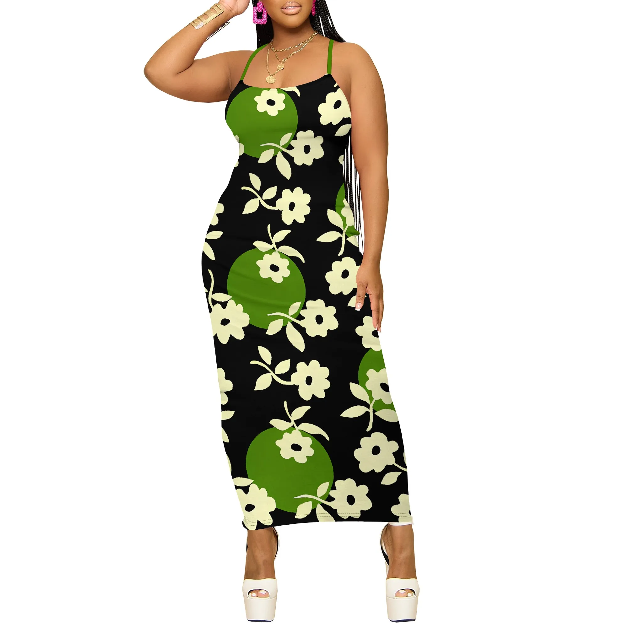 스파게티 스트랩 미디 드레스 그린 플로럴 프린트 Bodycon 여름 캐주얼 비치웨어