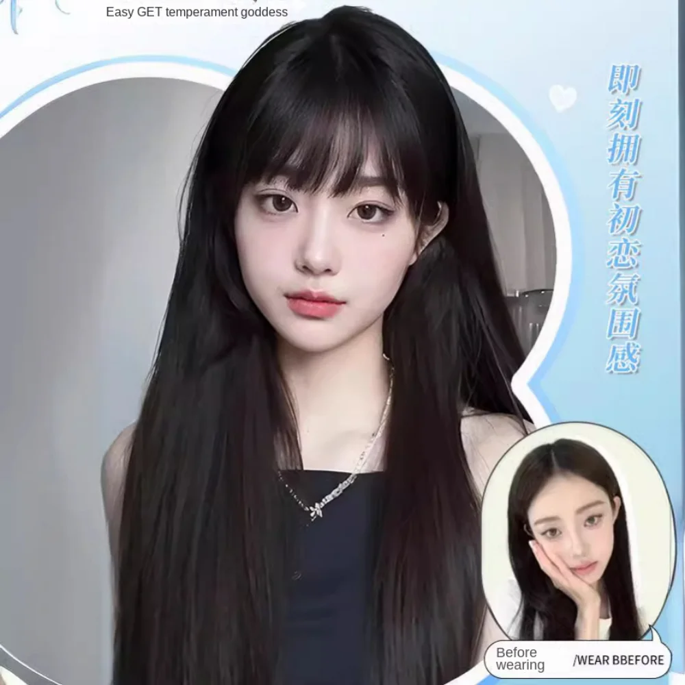 1PC Black Synthetic Wig Long Straight Bangs Natural Hair Cosplay Party Halloween Wig For Women Heat Resistant Full Head Cover image 2