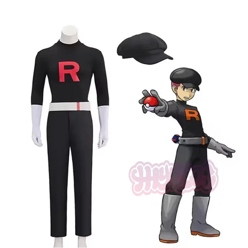 Costume de cosplay réplique Team Rocket Grunt pour adultes (hommes et femmes), uniforme noir classique avec chapeau, pour mascarade et événements fantaisie sur le thème de l'anime