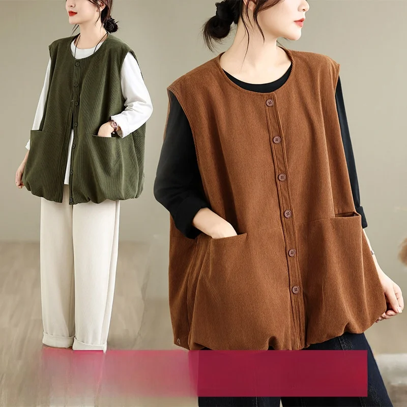 Retro Cotton Velvet Loose Fit Thin round Neck Vest Women's Autumn Winter Fashion plus Size Comfortable Lazy Style Outerwear
