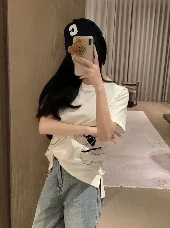 

Casual Loose Women's T-shirt Short Sleeve round Neck Printed Creative Summer Fashion Top Shortened Front Lengthened Back
