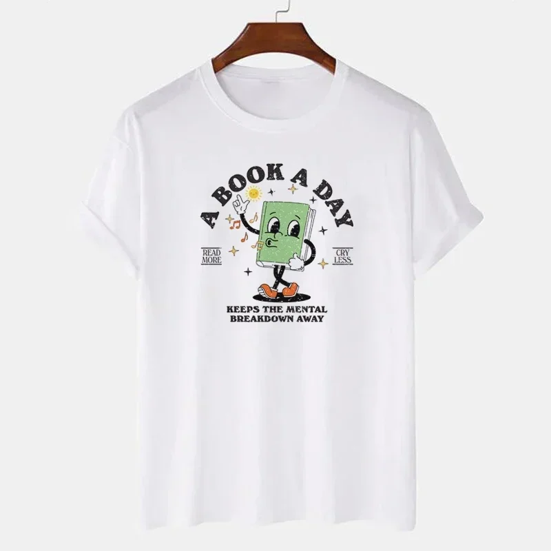 

Women's Cute Cartoon Bookworm T-shirt Fun Bookworm T-shirt Retro Reading Pattern T-shirt Women's Bookish women clothing