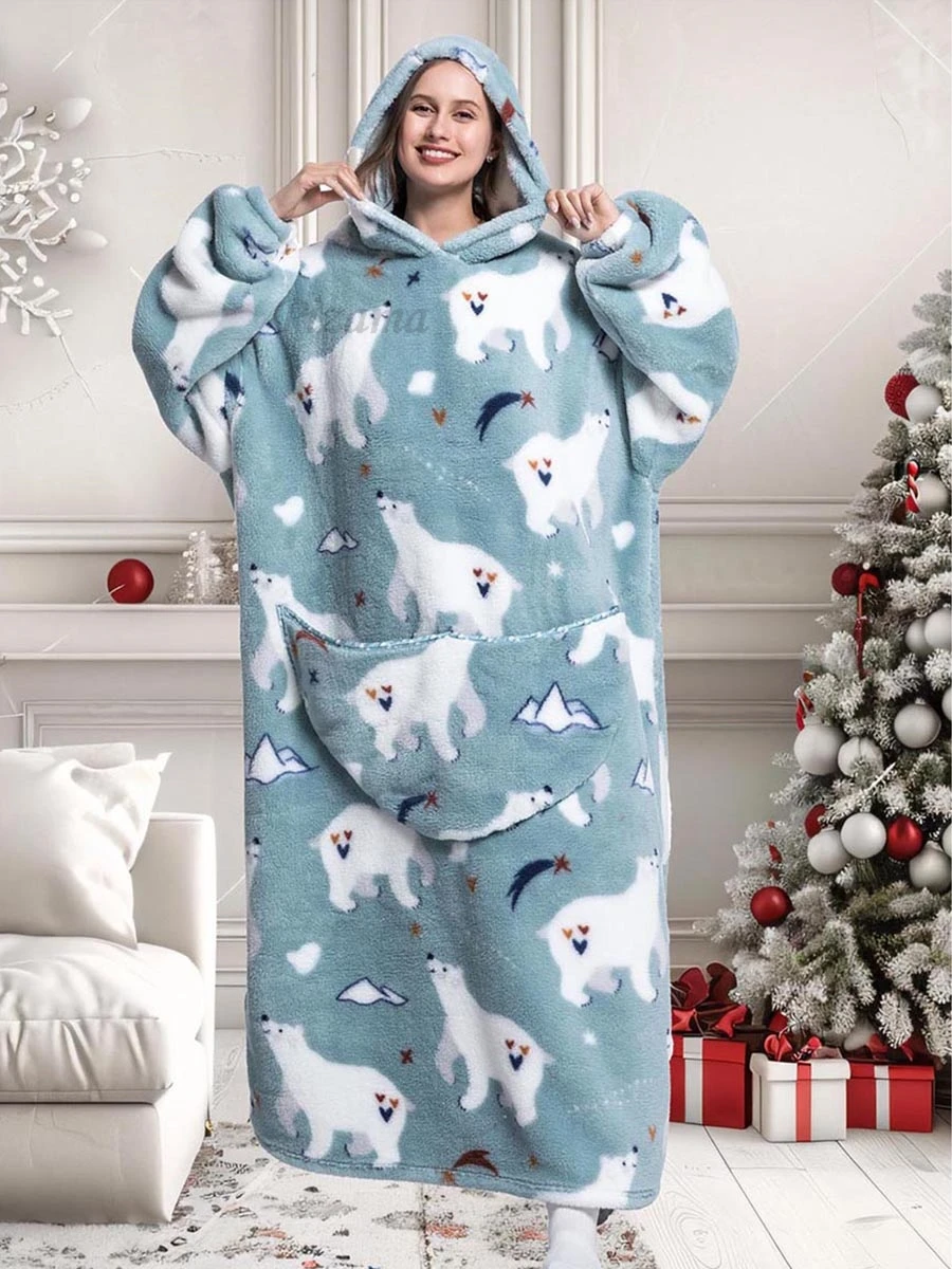 Winter Warm Flannel Polar Bear Plus Size Ladies Hoodies Christmas Gifts Oversized Women\'s Wearable TV Blankets Sherpa Plus Size