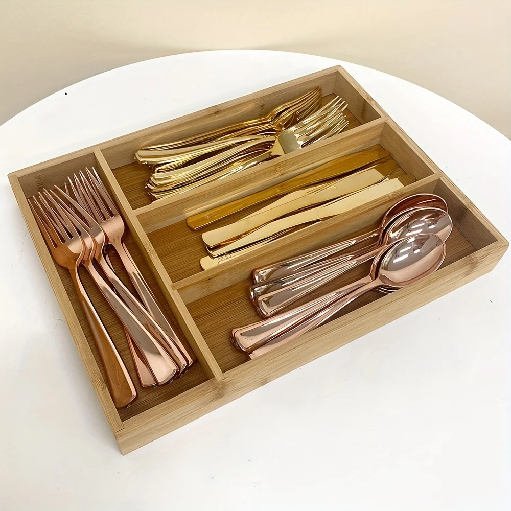 Bamboo Utensil Drawer Organizer - Effortlessly Sort Knives, Forks, Spoons & Office Supplies with Grooved Dividers - Durable, Nat