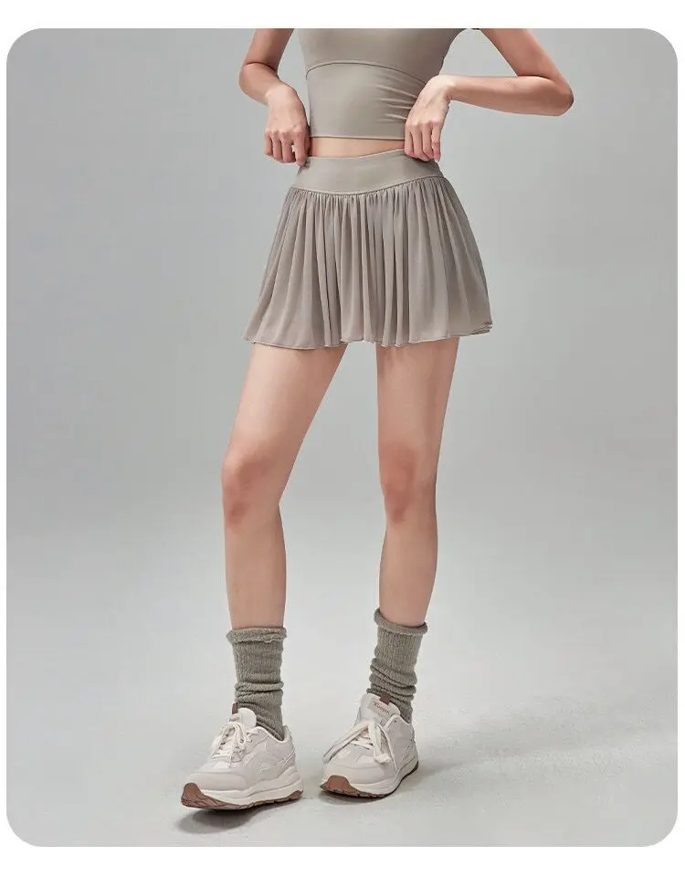 Sportlicher kurzer Rock für Damen, Sommer, hochtaillierter Mesh-Tennisrock, Anti-Exposure, zweiteiliger Fitness-, Yoga- und Badmintonrock – Detail 6