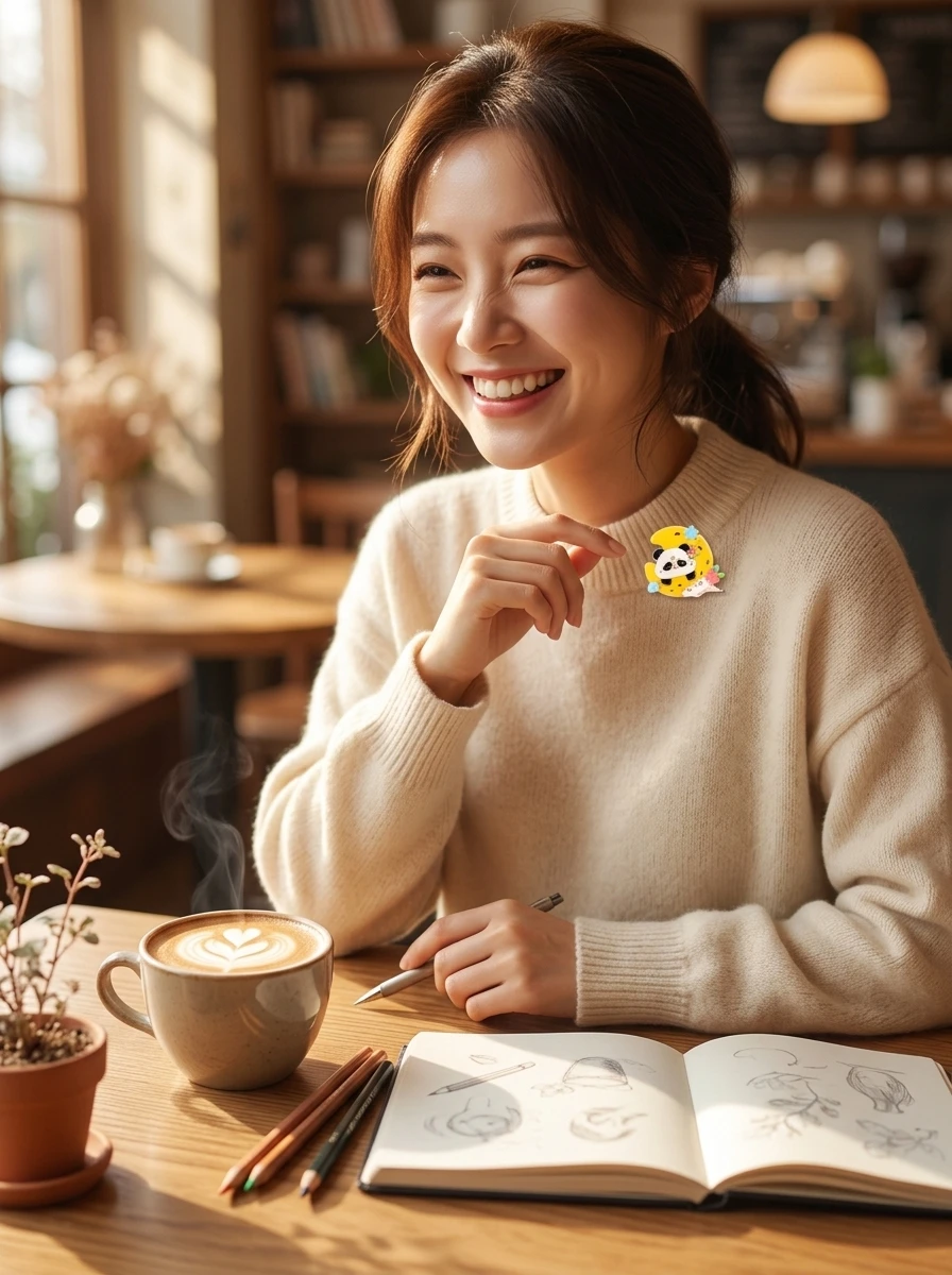 Delicate Kawaii Panda Moon Enamel Brooches Vivid Yellow Crescent Pink Flower White Cloud Shape Gold Border Lapel Pins Badge