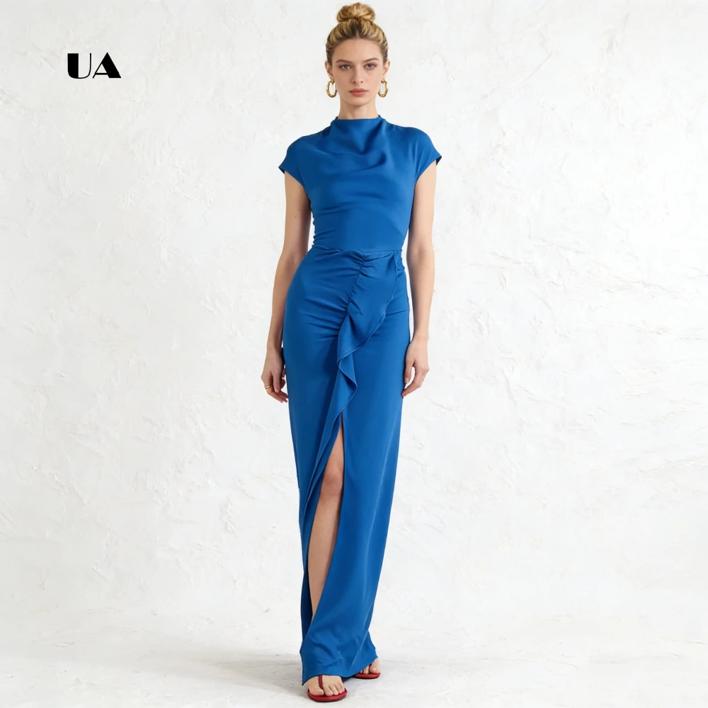 

ULBYANRY Soft Cowl Neck Prom Dress with Cap Sleeves, Solid Slit Ruffled Evening Dresses for Women, Simple Customized Party Gown