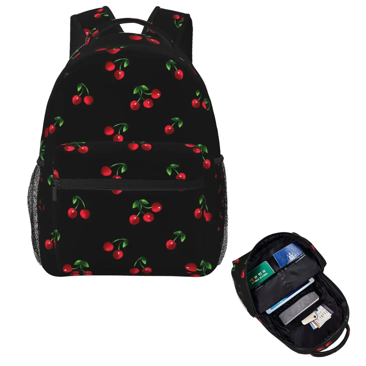 

Black Sweet Cherry Pattern Backpack Hot Sale Daypack Large Capacity Children BookBag School Bag Shoulder Bags for Men Women