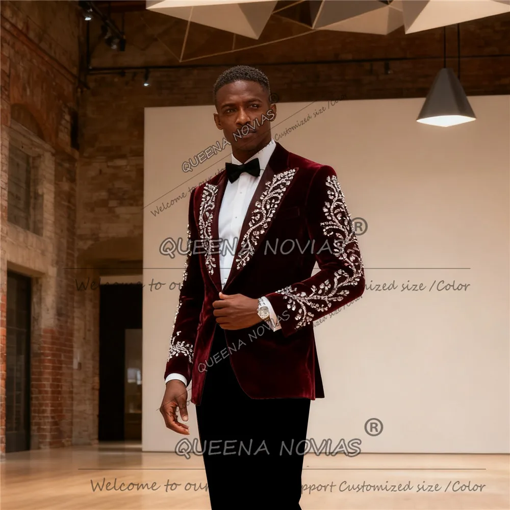 

Роскошный мужской костюм с камнями из бисера, приталенный костюм из двух предметов, однобортный пиджак для жениха с вырезом сзади, свадебные смокинги по индивидуальному заказу