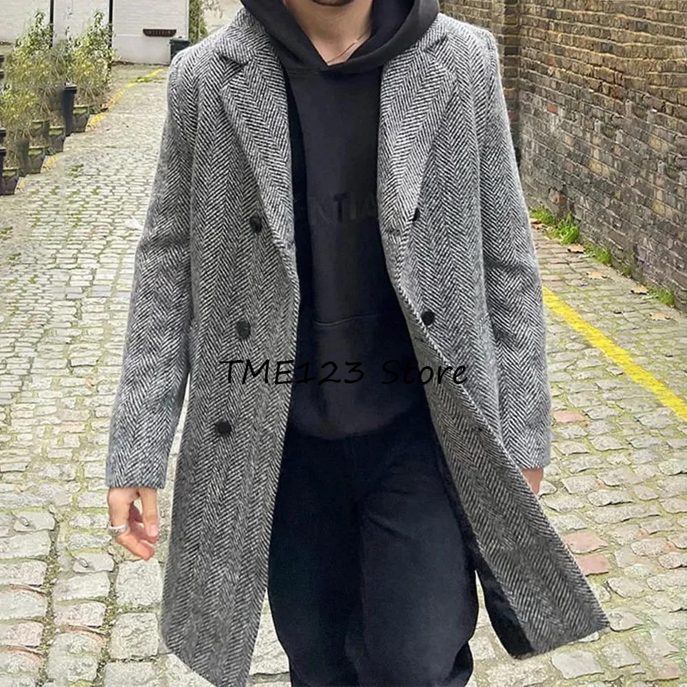 

Мужские куртки высокого качества, повседневный костюм с зубчатыми лацканами, двубортные городские пиджаки, мужское пальто, длинная ткань с узором «елочка»