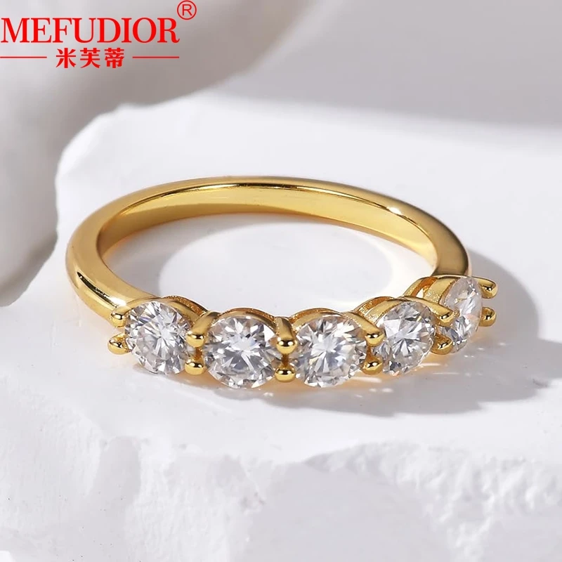 18K Gold Round Moissanite Row Ring Five Diamond for Women Bands Wedding Anniversary Gift High Quality Jewelry with Certificate