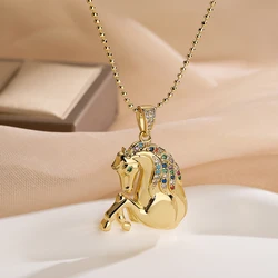 Vintage Horse Pendant Necklaces For Women Girls,Delicate Cubic Zirconia Accessories, Stainless Steel Chain Party Daily Jewelry