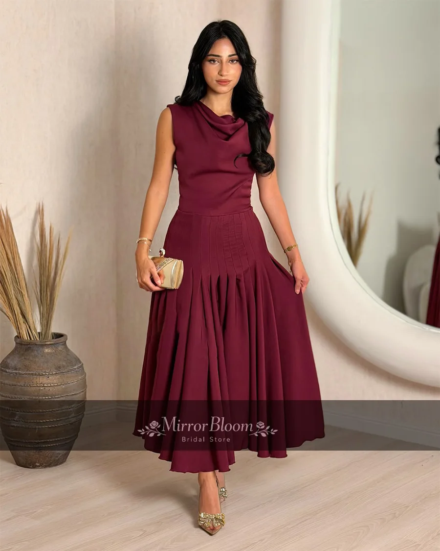 

Elegant Burgundy Sleeveless Ankle Length A-line High Neck Dress Pleated Skirt Formal Evening Party Cocktail Gown Customized