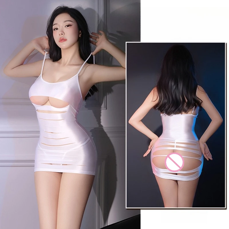المرأة مثير Bodycon فساتين الملابس الداخلية جوفاء ملهى ليلي موحدة إغراء ضيق النفط لامعة عالية مرونة شفافة باس النوم