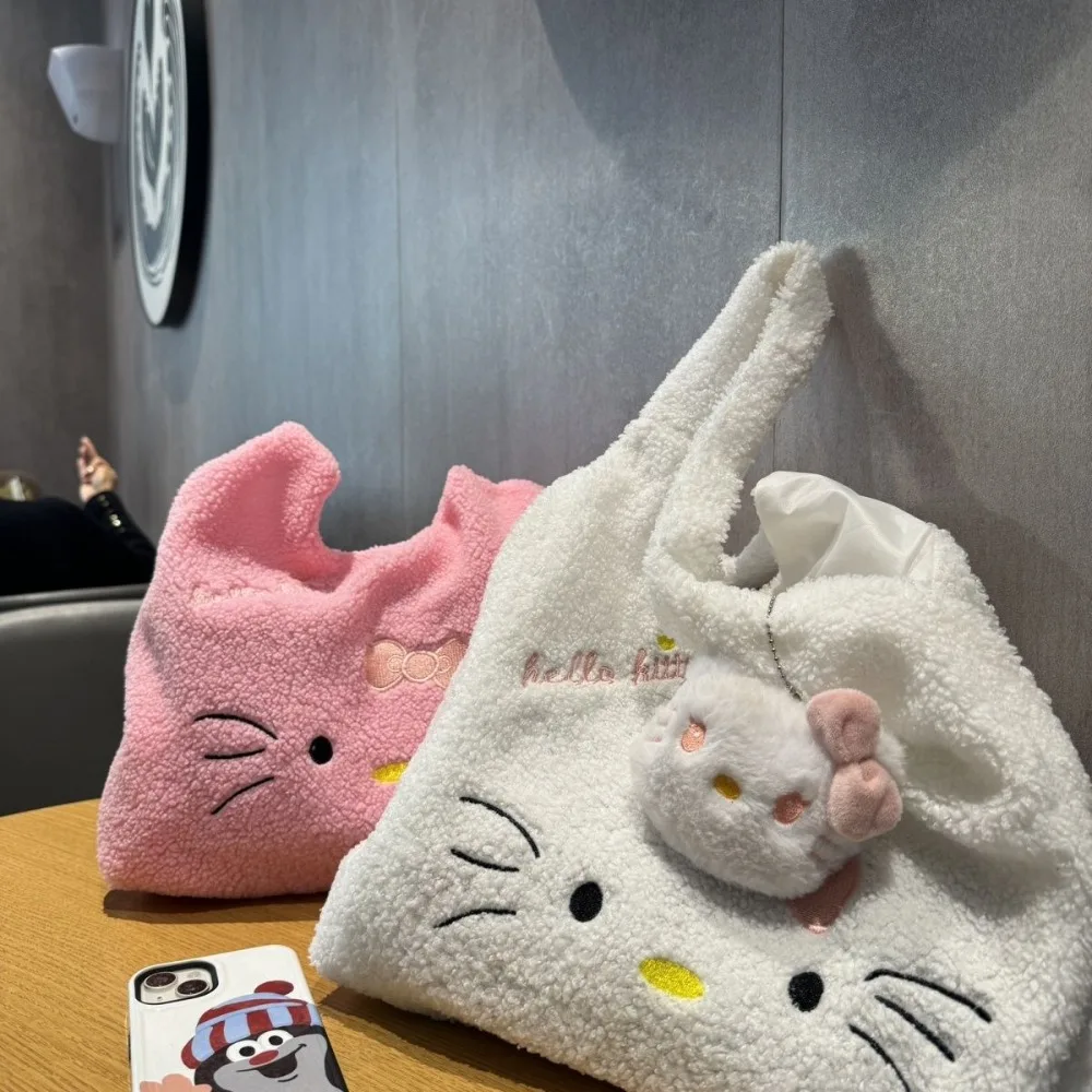 Hello Kitty Handbag Miniso Soft Embroidery White Plush Lamb Hair Portable Shoulder Bag Women's New Versatile Lolita Storage Bag