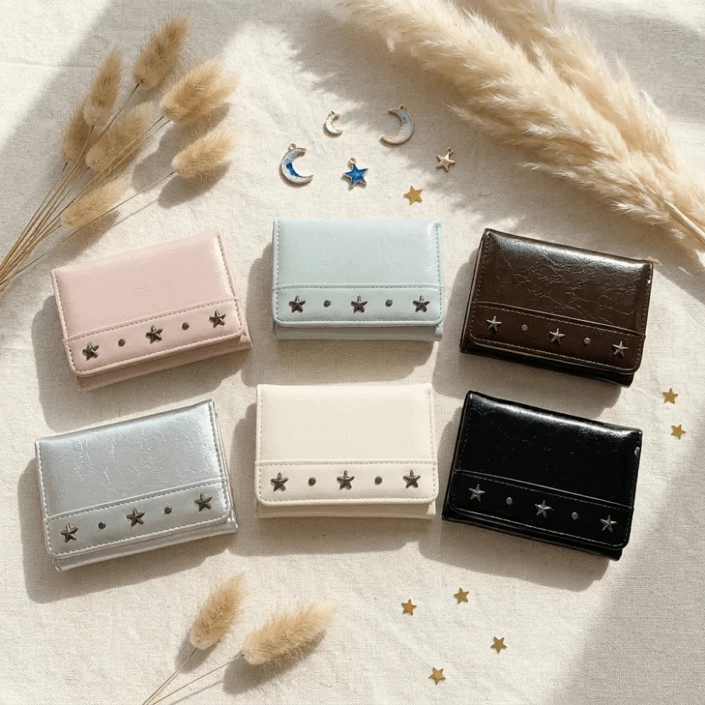 INS PU Star Rivet Trifold Wallet Compact Size Multiple Slots Coin Pocket Solid Color Ultra Thin Cash Wallet Portable Carry