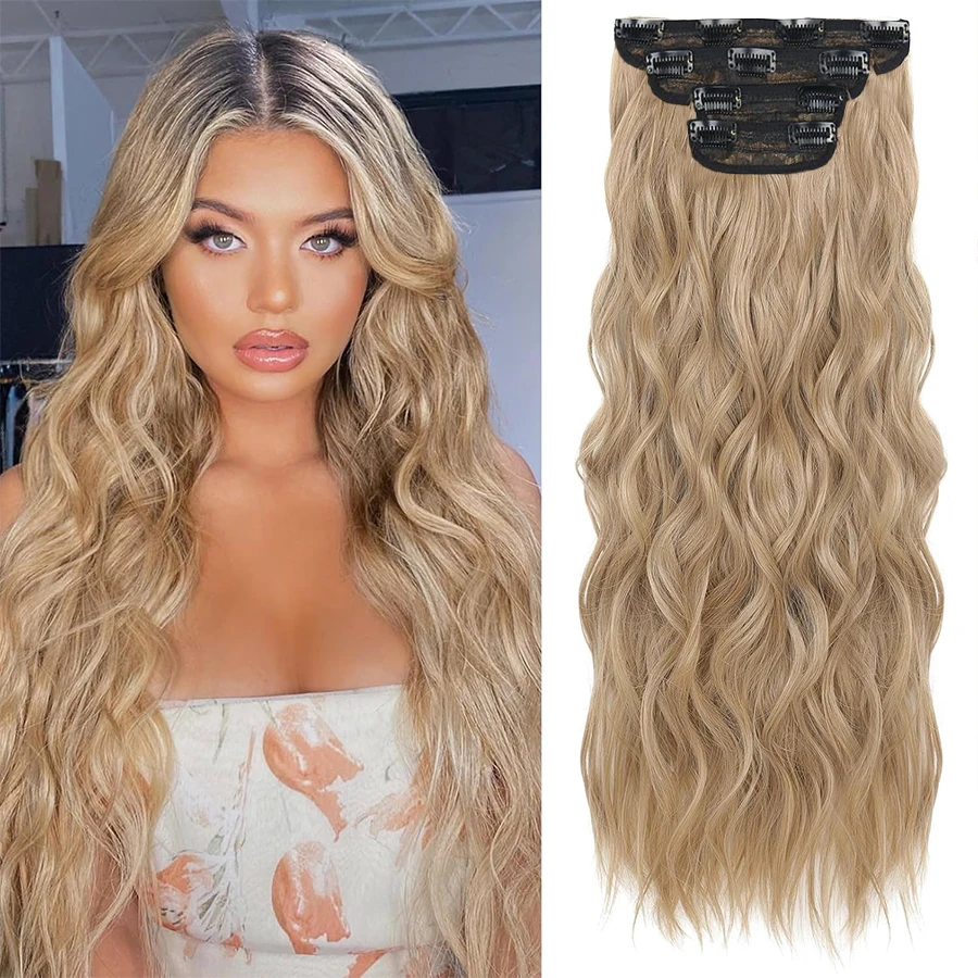 Clip in Long Wavy Hair Extension 4PCS Thick Flaxen Gold/Black Hairpieces Double Weft 22 Inch Synthetic Hair Extension for Women view 5
